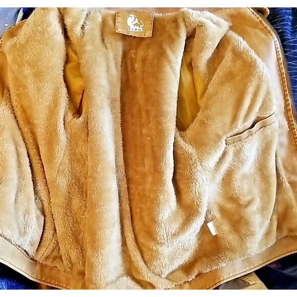 David Outerwear Brown Bomber Jacket Faux Leather L Pockets faux fur lined Men's - Picture 9 of 12